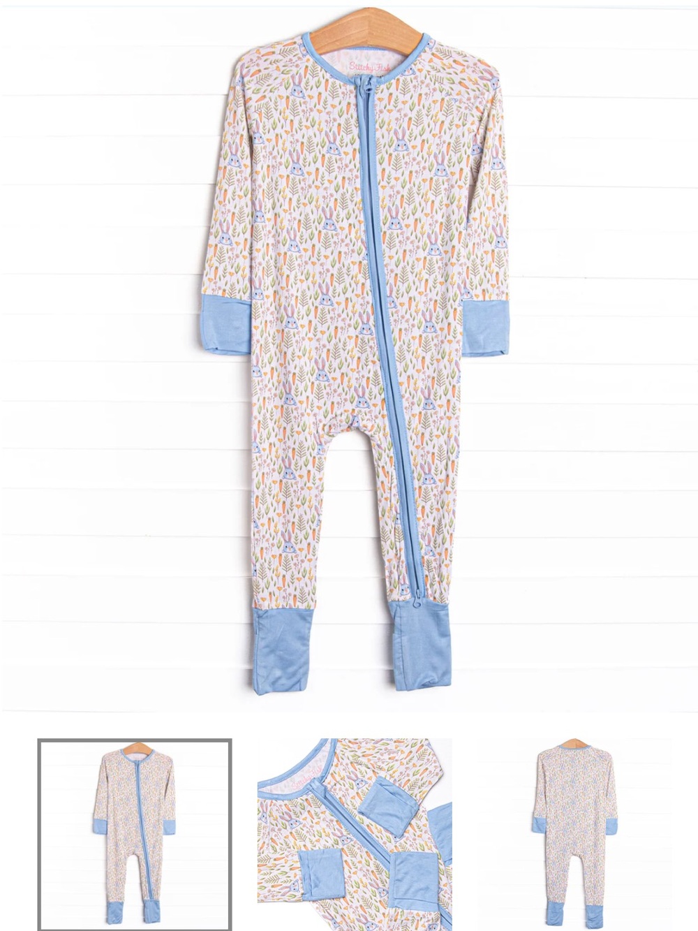 Stitchy Fish Bamboo Baby Blue Trim Bunny and Carrots Kids Pajamas